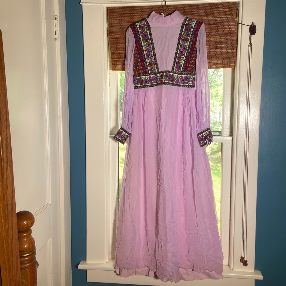 1970s Purple Chiffon Cottage core Maxi Gown